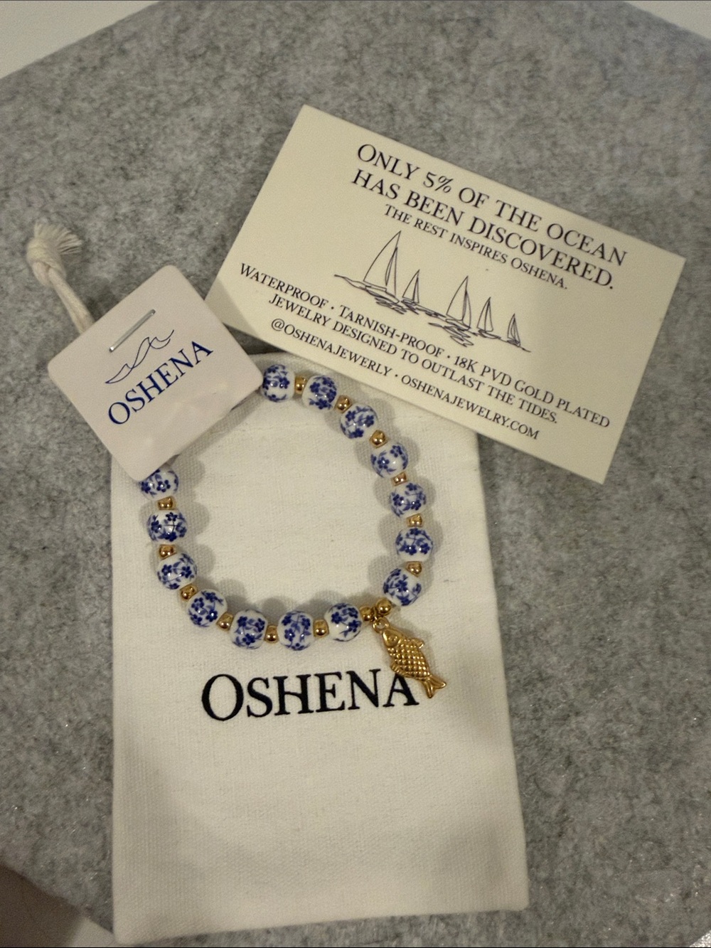 Blue & White Beaded Bracelet with Gold Fish Charm